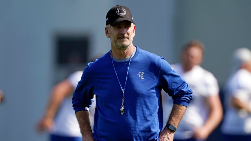 FILE - Indianapolis Colts head coach Frank Reich watches during NFL football practice in...