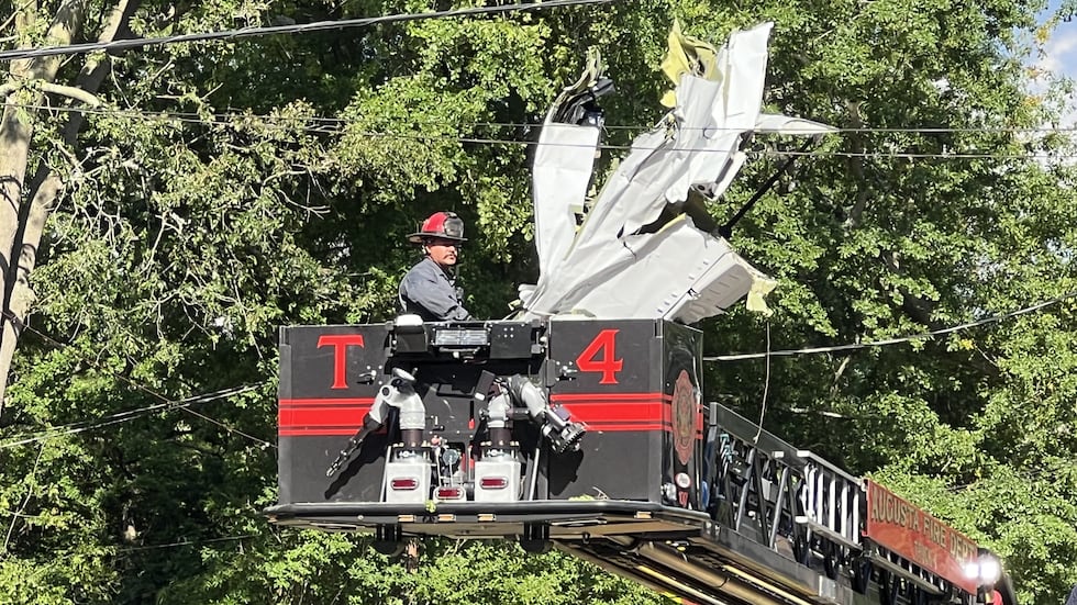 Firefighters remove a wingtip from a tree where it had been stuck all day Thursday after a...