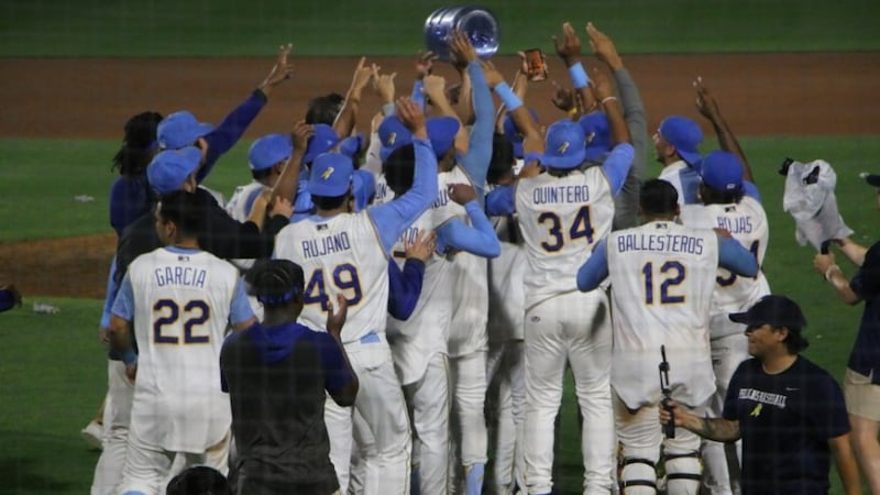 The Myrtle Beach Pelicans celebrate their win on Sunday night, clinching a playoff spot for...