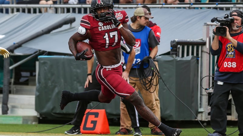 South Carolina wide receiver Xavier Legette (17) runs the ball in for a touchdown after a...
