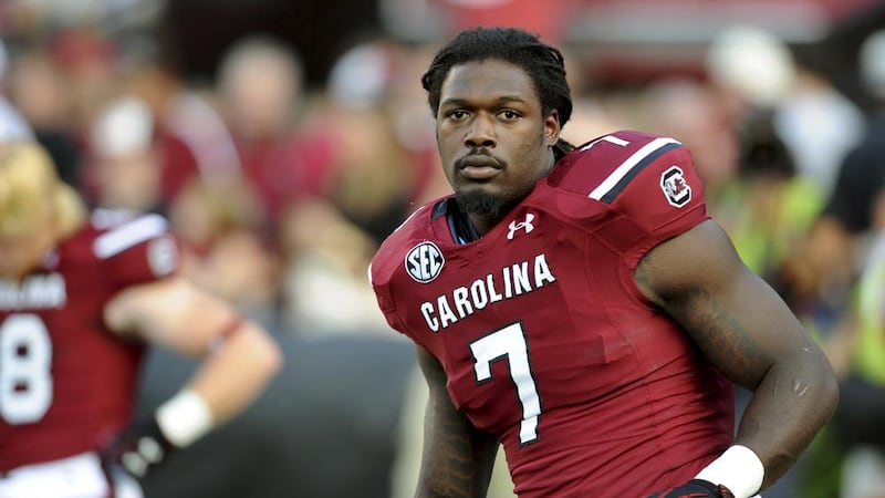 South Carolina defensive end Jadeveon Clowney (7) stretches during pre-game warmups before the...