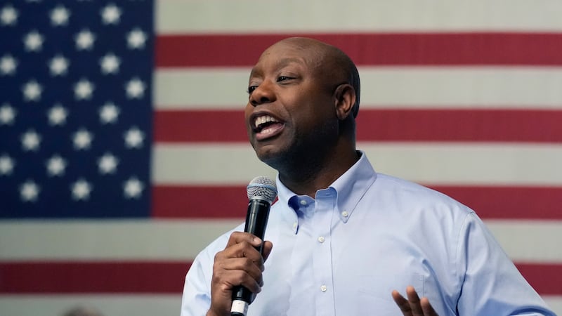 FILE - Sen. Tim Scott, R-S.C., speaks during a town hall, May 8, 2023, in Manchester, N.H....
