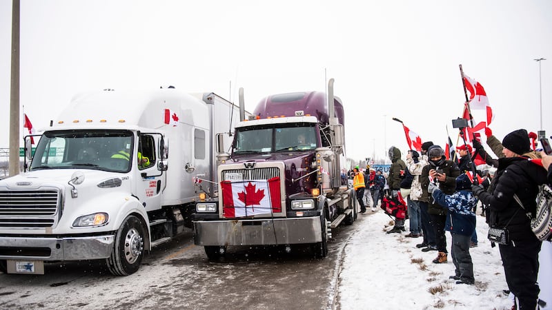 Protestors show their support for the Freedom Convoy of truck drivers who are making their way...