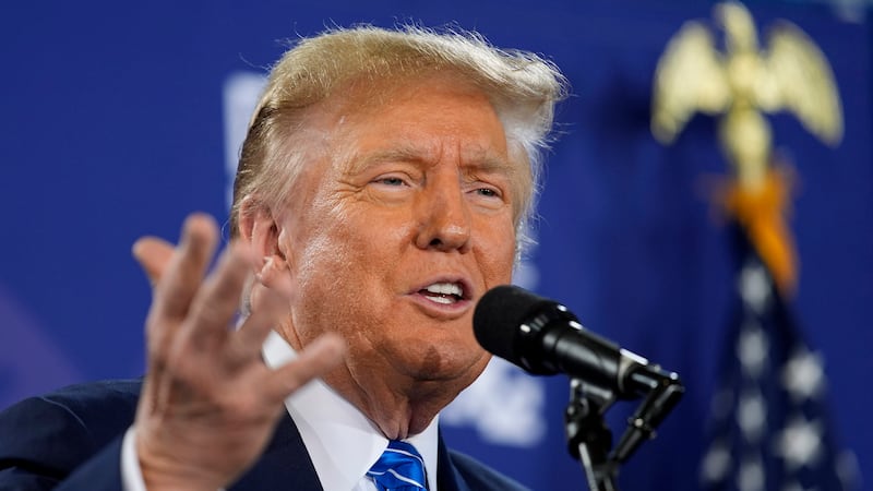 Republican presidential candidate former President Donald Trump speaks at a campaign event...