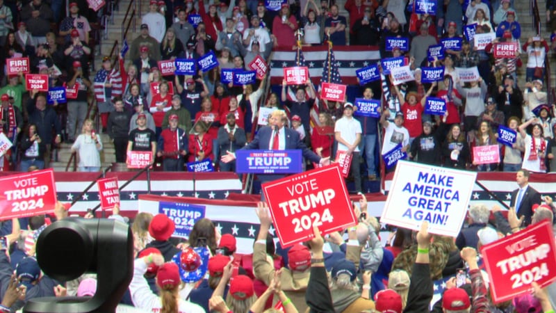 Former President Donald Trump speaks at a campaign rally at Winthrop Coliseum in Rock Hill on...