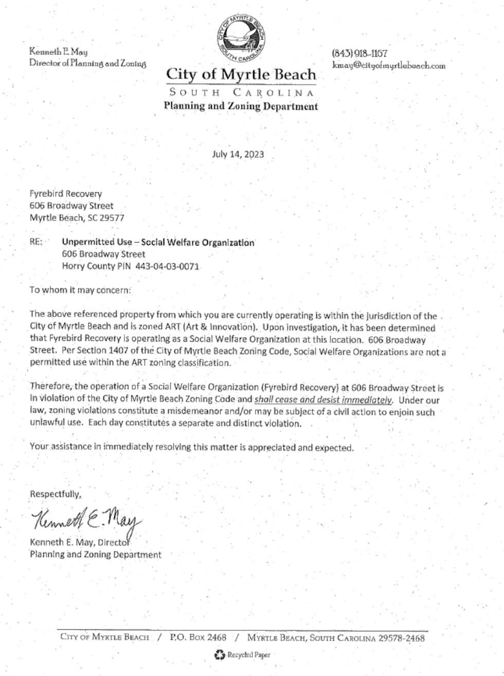Cease and Desist Letter Fyrebird Recovery received due to zoning violation